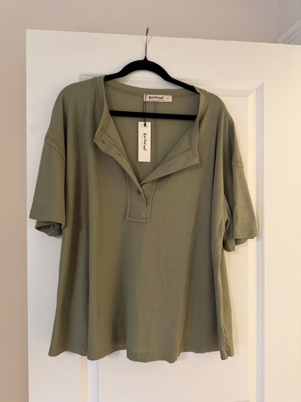Three Bird Nest Olive Green Waffle-Knit Short Sleeve Henley